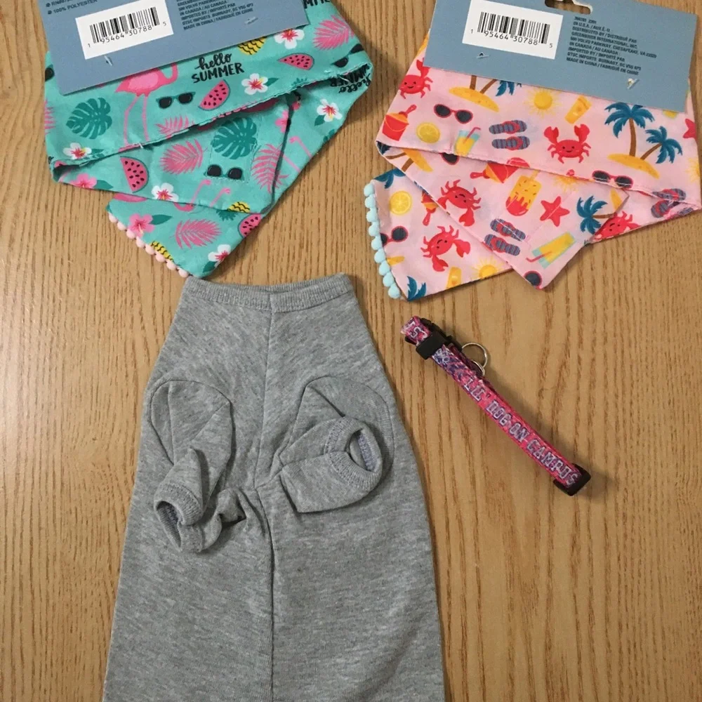 New Bundle Of 4 Little Doggie Xs T-shirt 6.5”x10” Tropical Scarves 4” & Collar